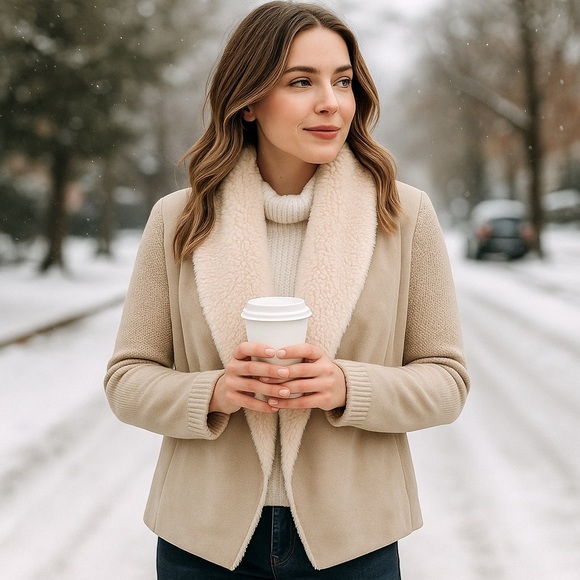 Chelsea & Theodore Oyster Faux Suede Sherpa Open Front Cardigan Sweater M - Picture 1 of 16